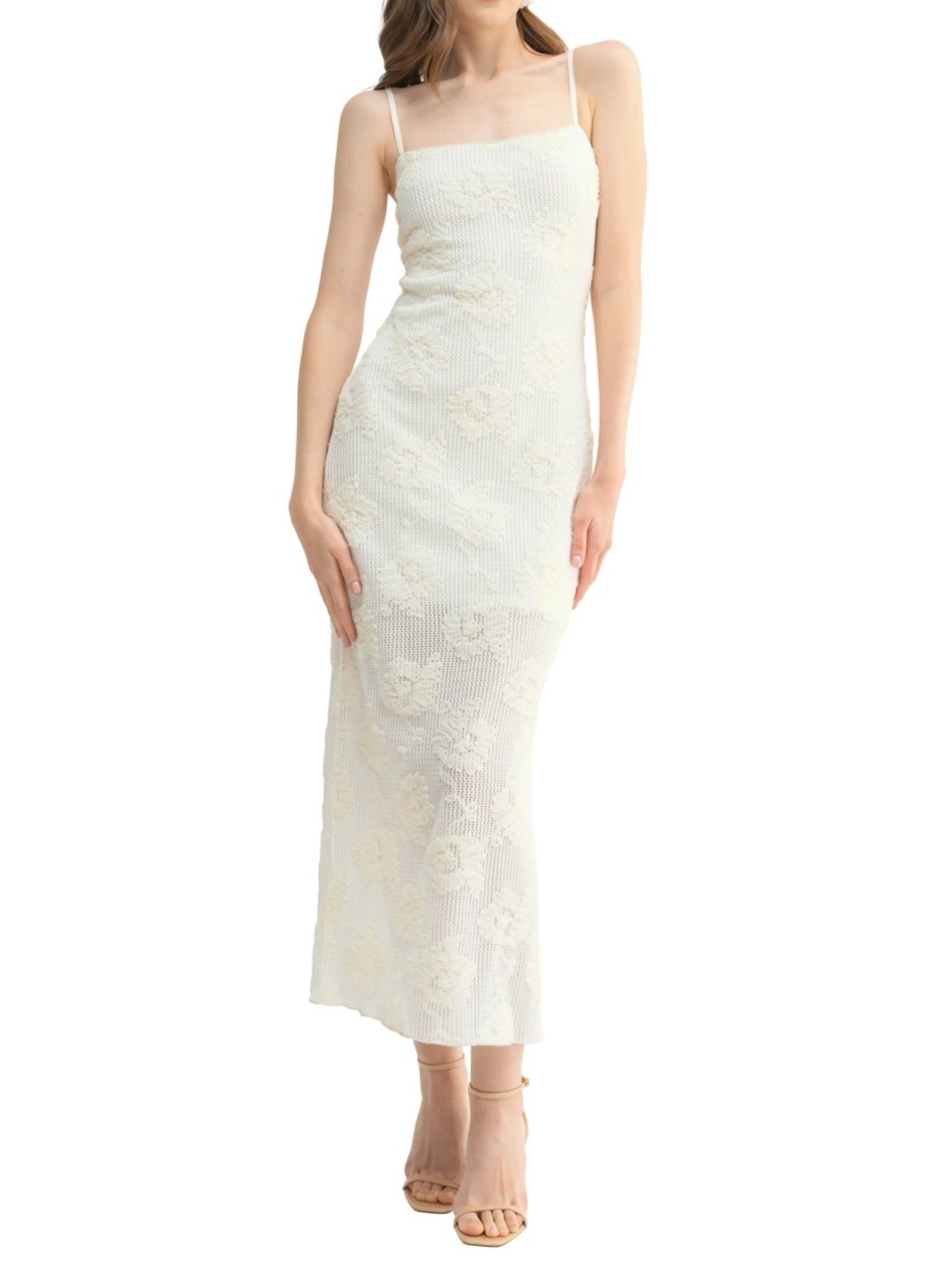 Lush Spaghetti Strap Floral Lace Midi Dress in Cream M